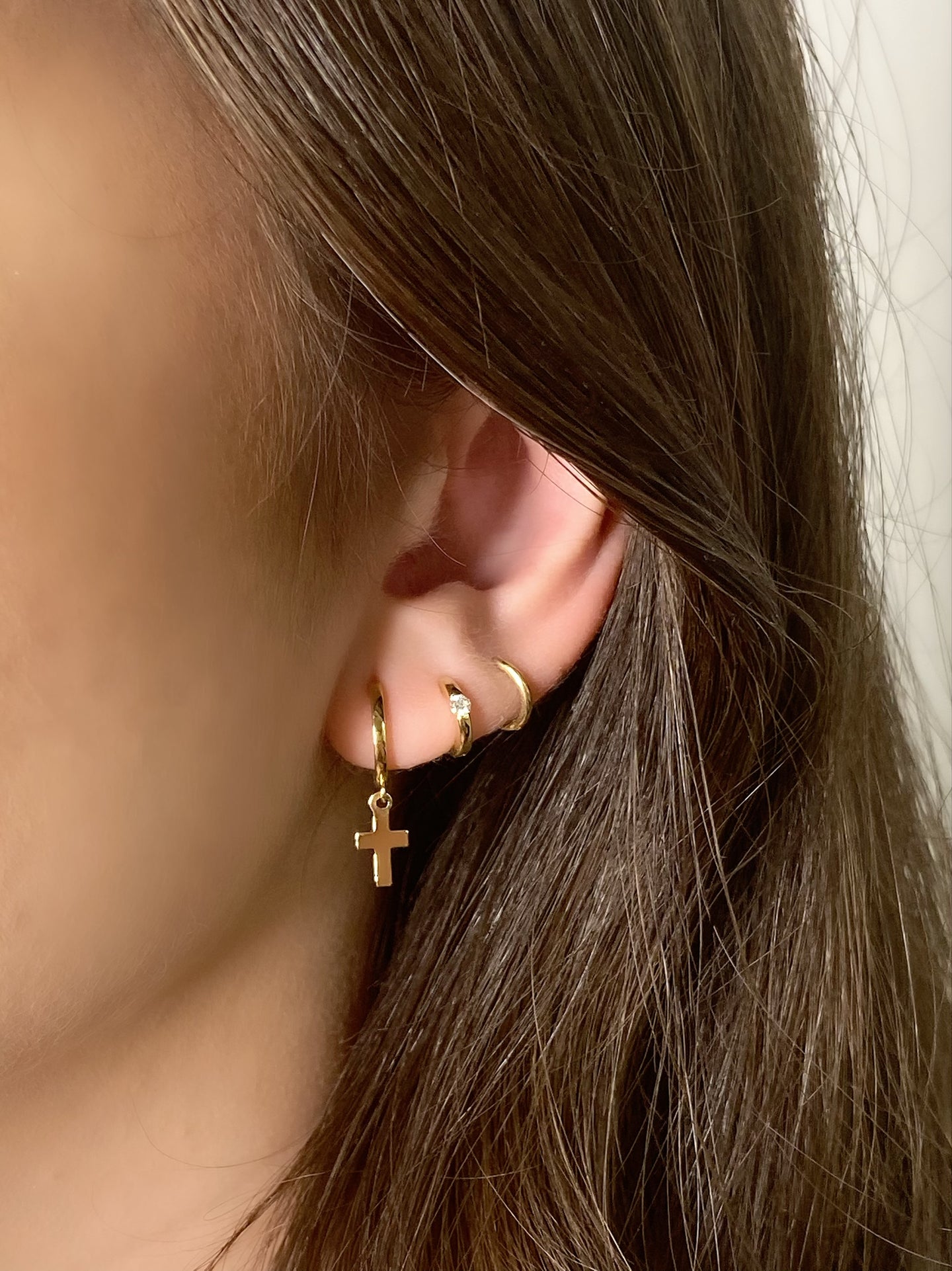 14K Hoop Earrings with Dangling Cross | Single or Pair